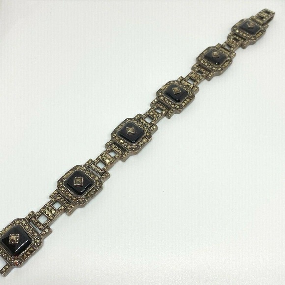 Vintage 925 Sterling Silver Marcasite Black Onyx Panel Deco Bracelet 8 3/8" - Picture 2 of 9
